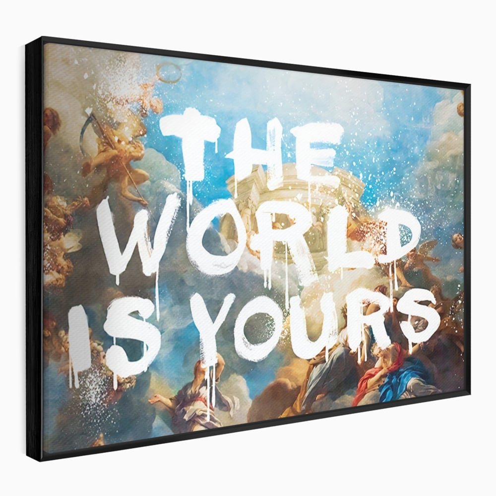 Tablou canvas cu pictura renascentista cu text alb, in rama de aluminiu negru